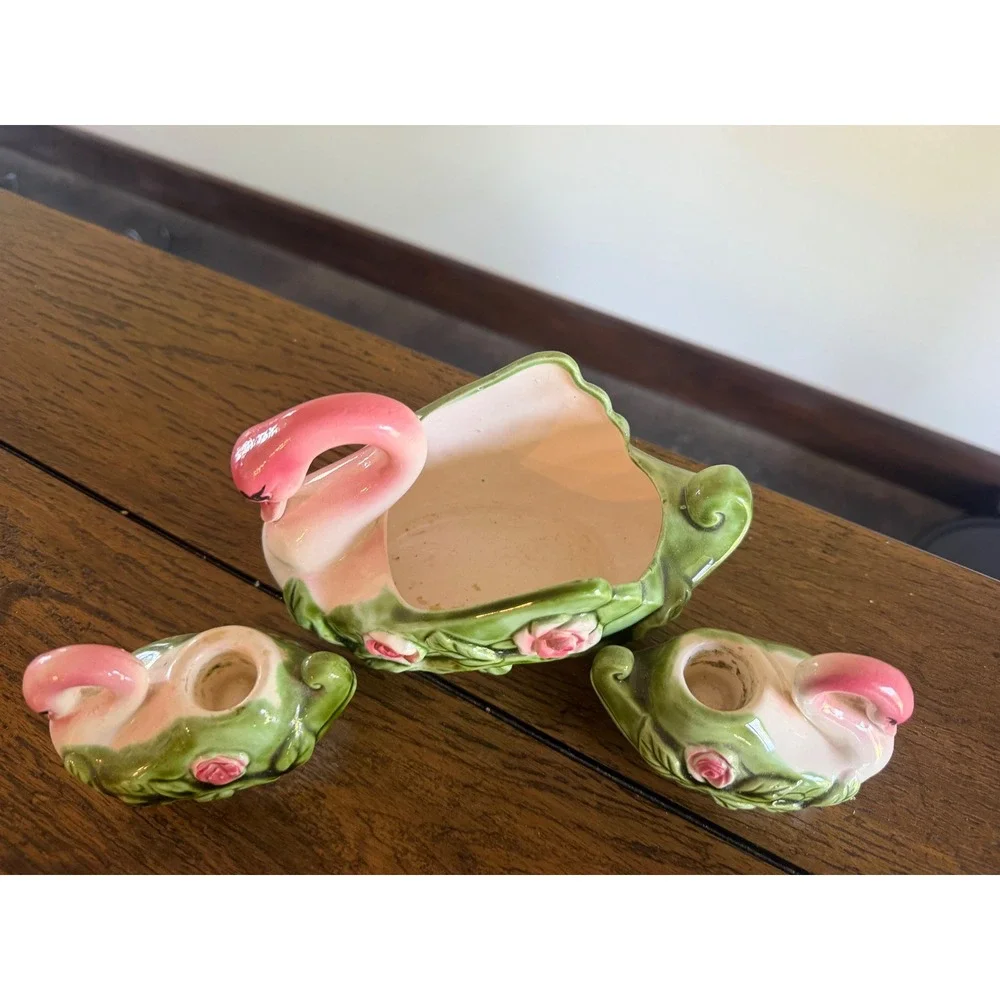 Vintage Swan Planter & Candle Holders Set Green Pink Good Vintage Rose Decor